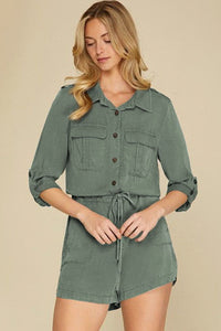 Reese Roll Up Sleeve Flap Pockets Drawstring Romper.