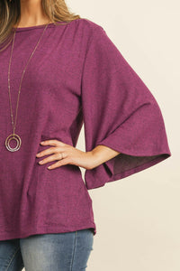 Boat Neck Bell Sleeve Solid Hacci Brushed Top.