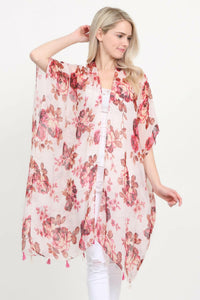 Open Front Knee Length Floral Cardigan.