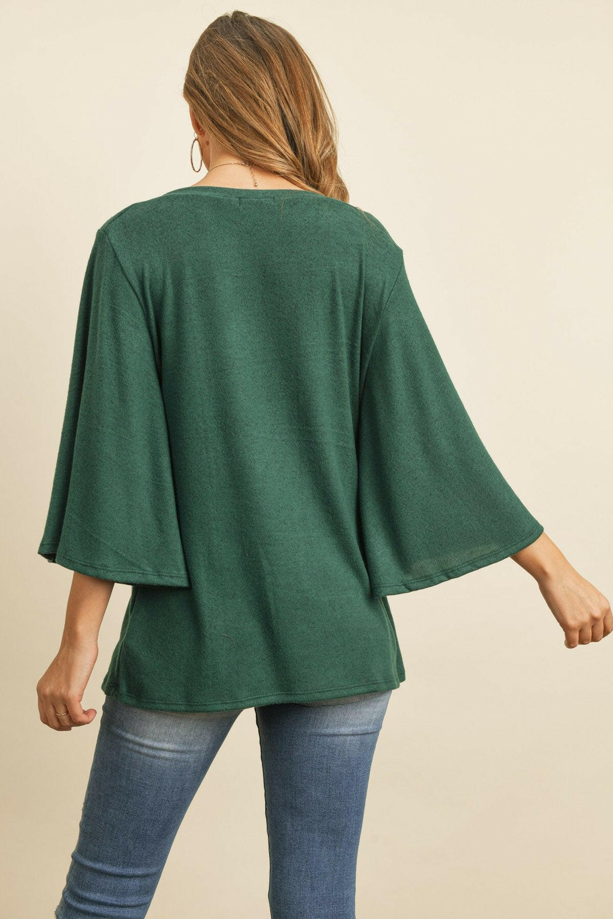 Boat Neck Bell Sleeve Solid Hacci Brushed Top.