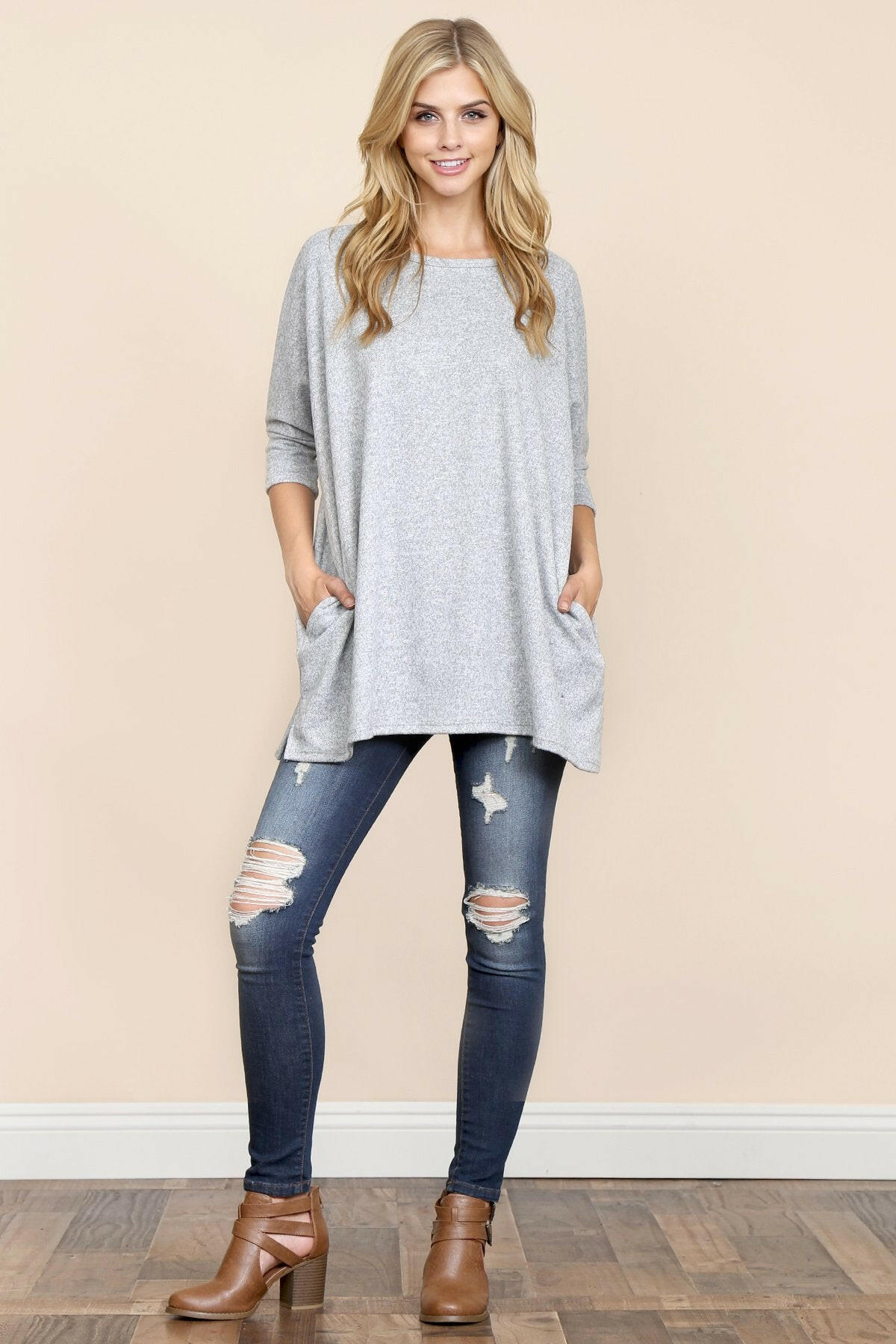 Two Tone Hacci Oversized Dropped Shoulder Pocket Tunic.