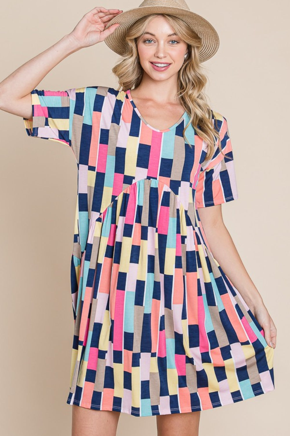 BOMBOM Ruched Color Block Short Sleeve Mini Dress.