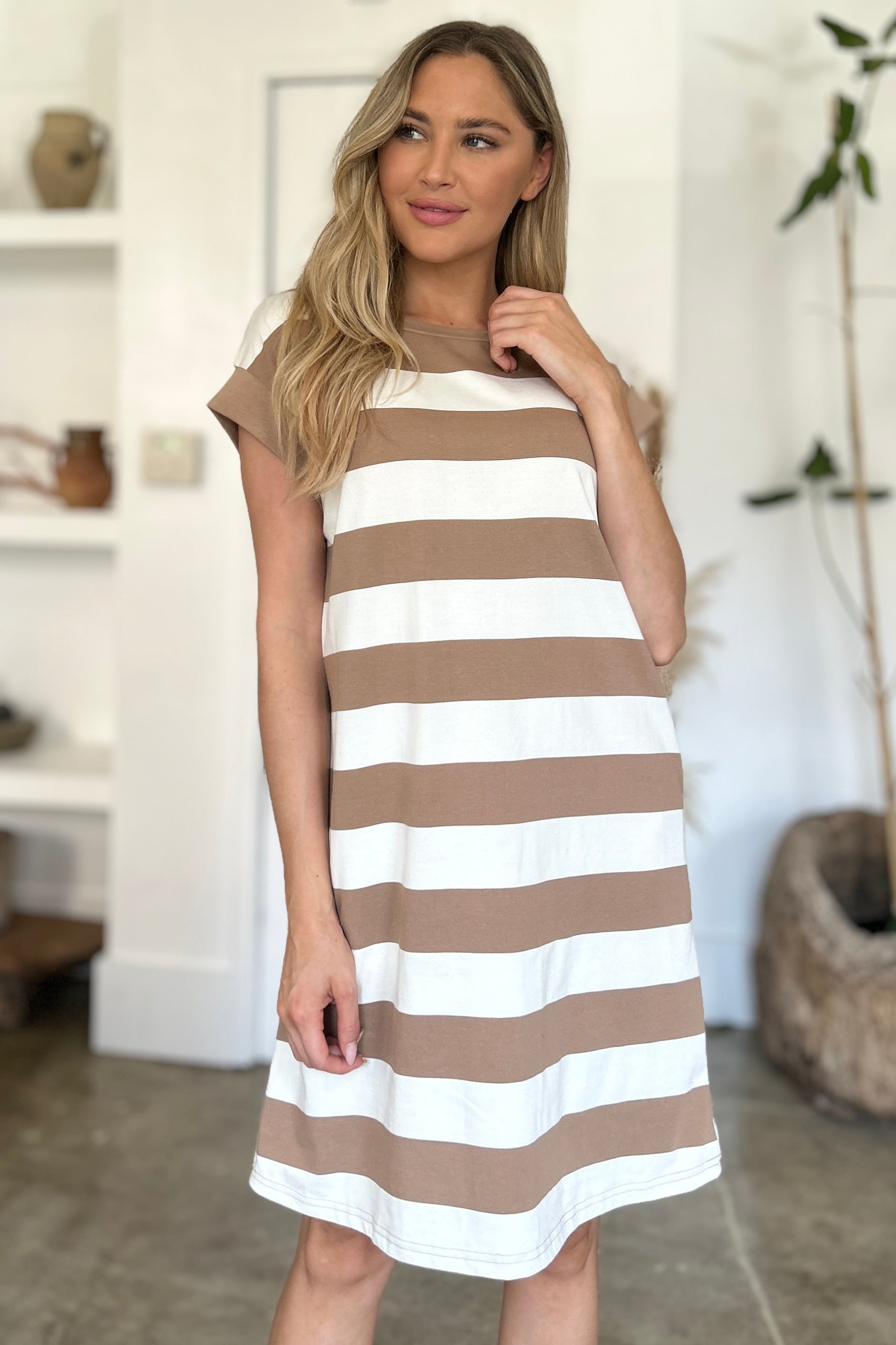 Basic Bae Full Size Striped Round Neck Cap Sleeve Mini Dress.