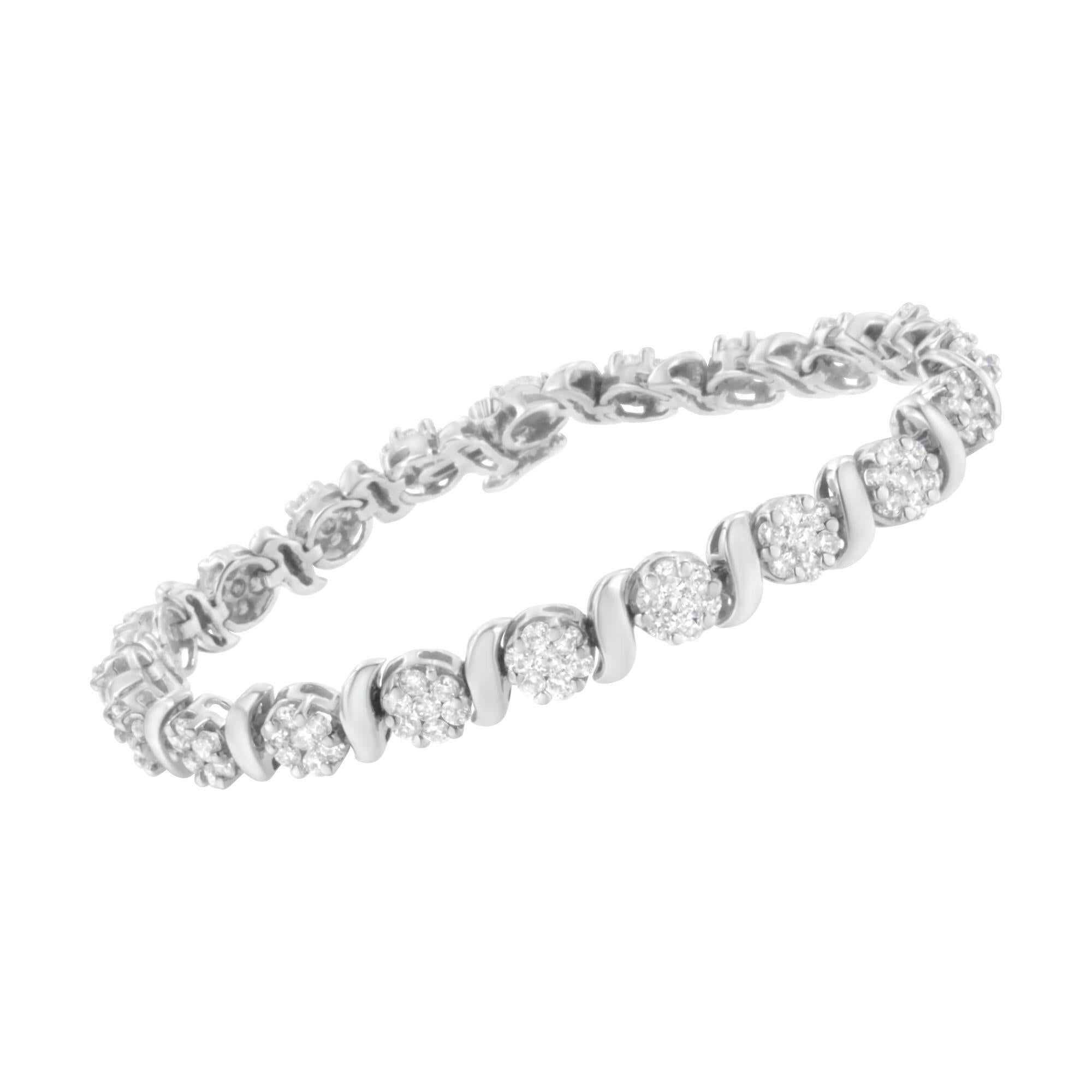 14K White Gold 5 1/4 Cttw Diamond S-Link Floral Cluster Tennis Bracelet (I-J Clarity, SI2-I1 Color) - Size 7".