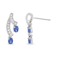 14K White Gold 4x3MM Oval Shaped Natural Blue Tanzanite Gemstone and 1/5 Cttw Diamond Double 3/4" Inch Drop Stud Earring.