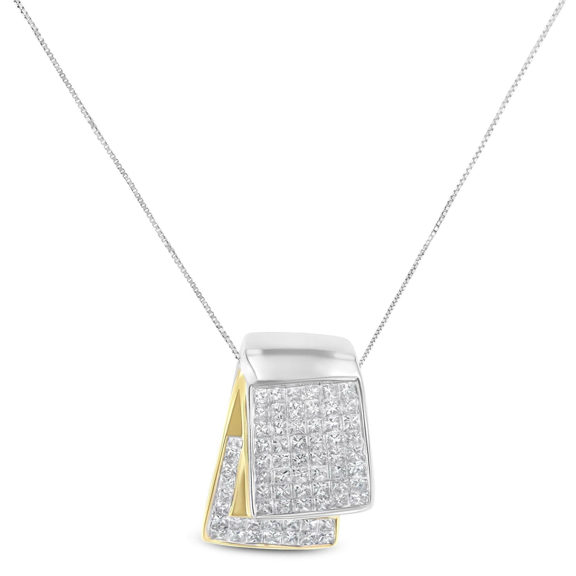 14K White and Yellow Gold 2.0 Cttw Princess Cut Diamond Two Tone Foldover Box Pendant 18” Box Chain Necklace (H-I Color,