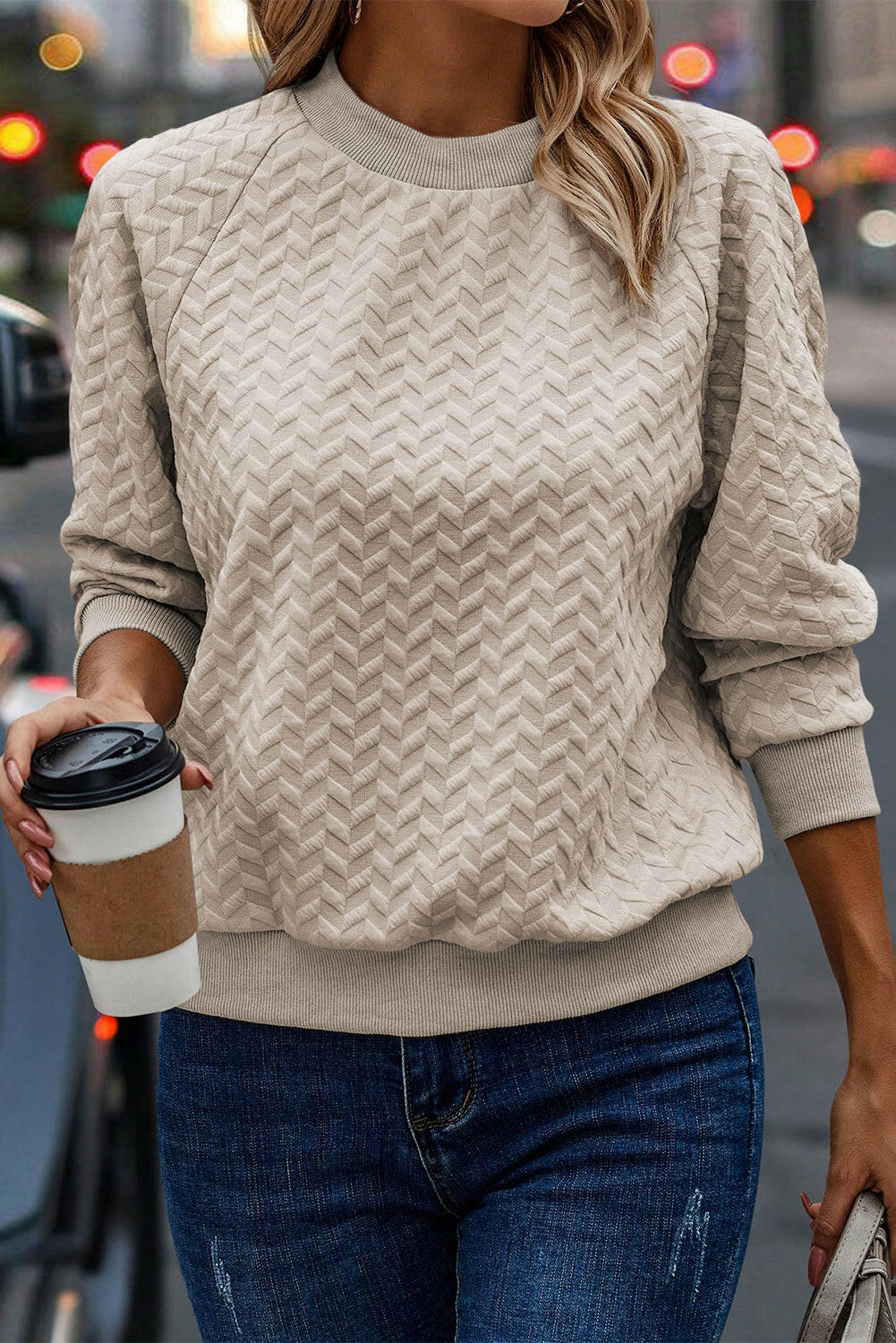 Amy Textured Raglan Sleeve Pullover Sweatshirt.