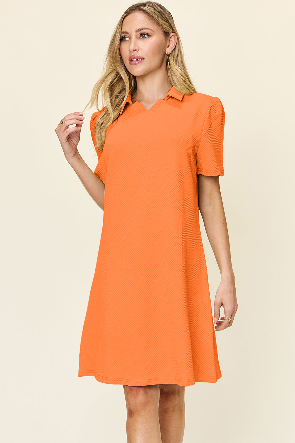 Double Take Full Size Texture Collared Neck Short Sleeve Dress.