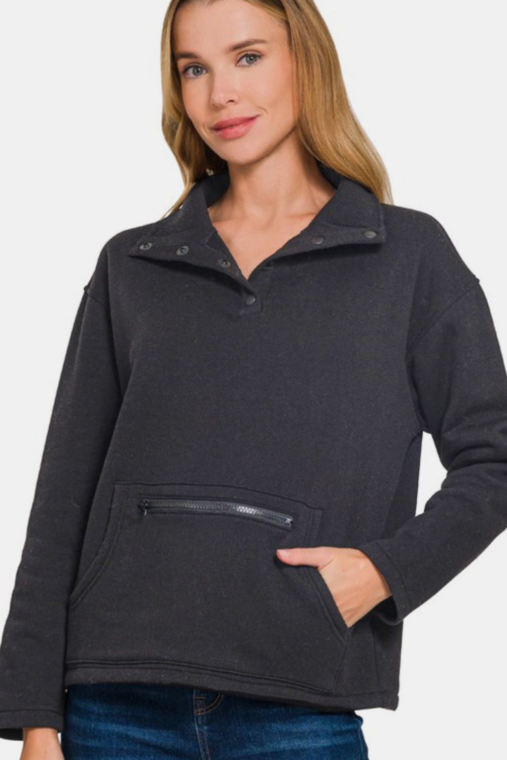 Zenana Turtleneck Half Snap Fleece Sweatshirt.