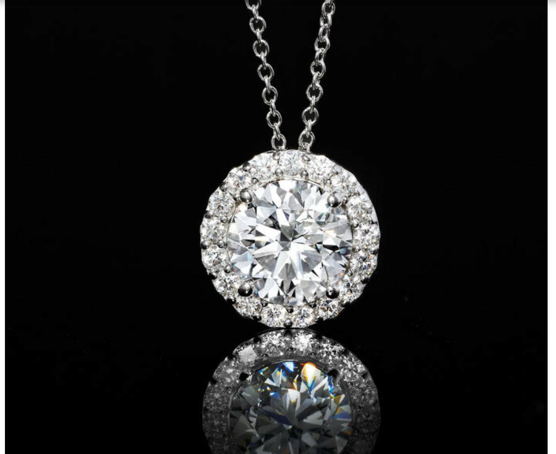 Exquisite AGI Certified Lab-Grown Diamond (G/Vs) Halo Pendant Necklace in 14kt White Gold - Choose 1 CTW or 2 CTW