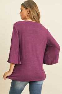 Boat Neck Bell Sleeve Solid Hacci Brushed Top.