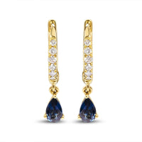 10K Yellow Gold Pear Blue Sapphire and 1/10 Cttw Diamond Drop and Dangle Huggy Hoop Earrings (H-I Color, I1-I2 Clarity).