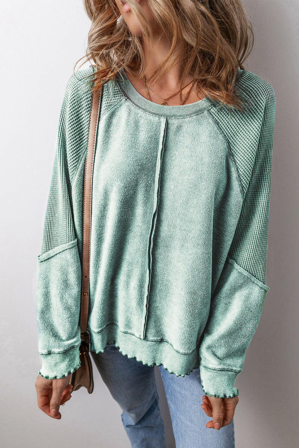 Jolie Waffle Exposed Seam Raglan Sweatshirt.