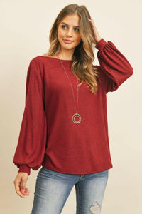 Puff Sleeved Boat Neck Two Toned Brushed Hacci Top.