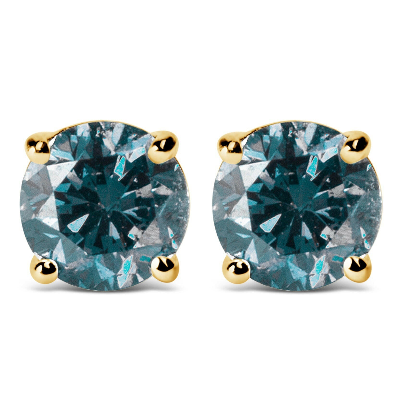 14K Gold Round Brilliant Cut Lab Grown Blue Diamond 4-Prong Classic Solitaire Stud Earrings With Pushbacks