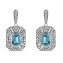 .925 Sterling Silver 7x5MM Emerald Shape Blue Topaz and Diamond Accent Art Deco Halo Style Drop and Dangle Earrings (I-J.