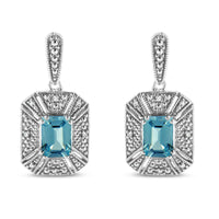 .925 Sterling Silver 7x5MM Emerald Shape Blue Topaz and Diamond Accent Art Deco Halo Style Drop and Dangle Earrings (I-J.