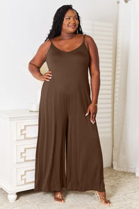 Double Take Full Size Soft Rayon Spaghetti Strap Tied Wide Leg Jumpsuit.