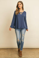 Criss Cross Neck Long Sleeve Hacci Top.