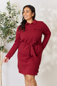 Culture Code Full Size Tie Front Half Zip Long Sleeve Shirt Dress.