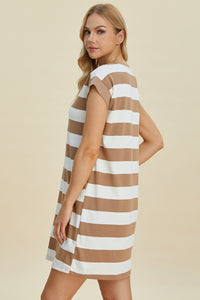 Basic Bae Full Size Striped Round Neck Cap Sleeve Mini Dress.