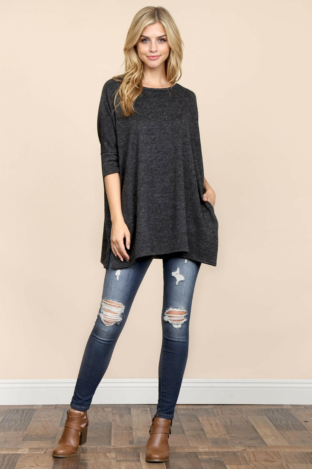 Two Tone Hacci Oversized Dropped Shoulder Pocket Tunic.