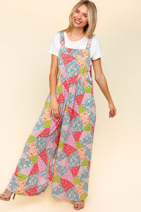 Haptics Full Size Printed Wide Leg Overalls with Side Pockets.