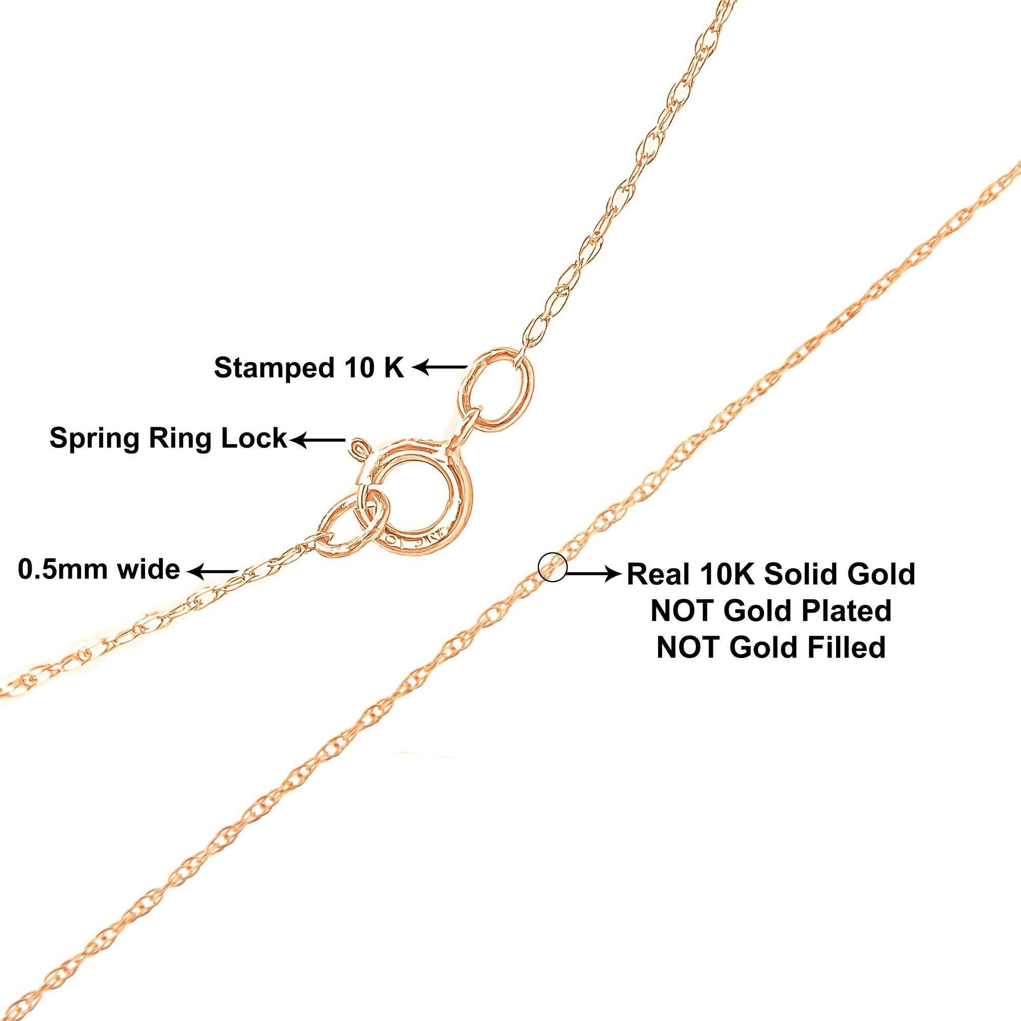 10K Gold 0.5 Mm Slender & Dainty Fine Rope Chain Necklace.