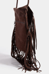 Fame Faux Suede Fringe Rectangle Crossbody Bag.