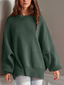 Double Take Side Slit Round Neck Long Sleeve Sweater.