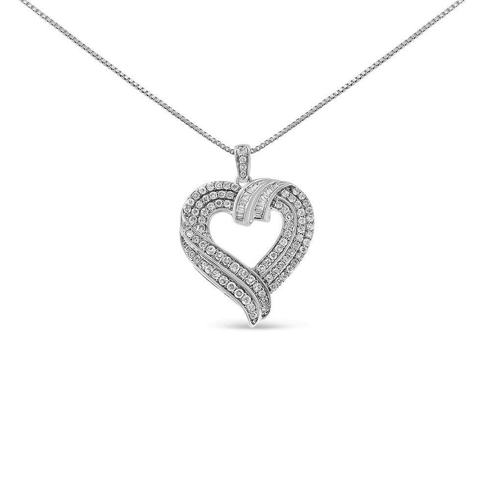 .925 Sterling Silver 1.00 Cttw Baguette Diamond Composite Open Heart 18" Inch Pendant Necklace (I-J Color, I1-I2 Clarity