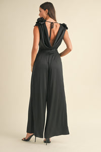 MABLE 3D Floral Applique Deep Cowl Neck Jumpsuit.