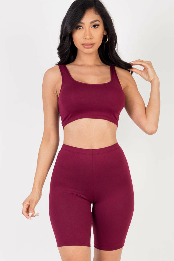 Solid Color Crop Tank Top & Biker Shorts Active Set (CAPELLA)