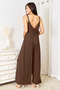 Double Take Full Size Soft Rayon Spaghetti Strap Tied Wide Leg Jumpsuit.