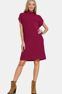 Zenana Mock Neck Short Sleeve Sweater Dress.