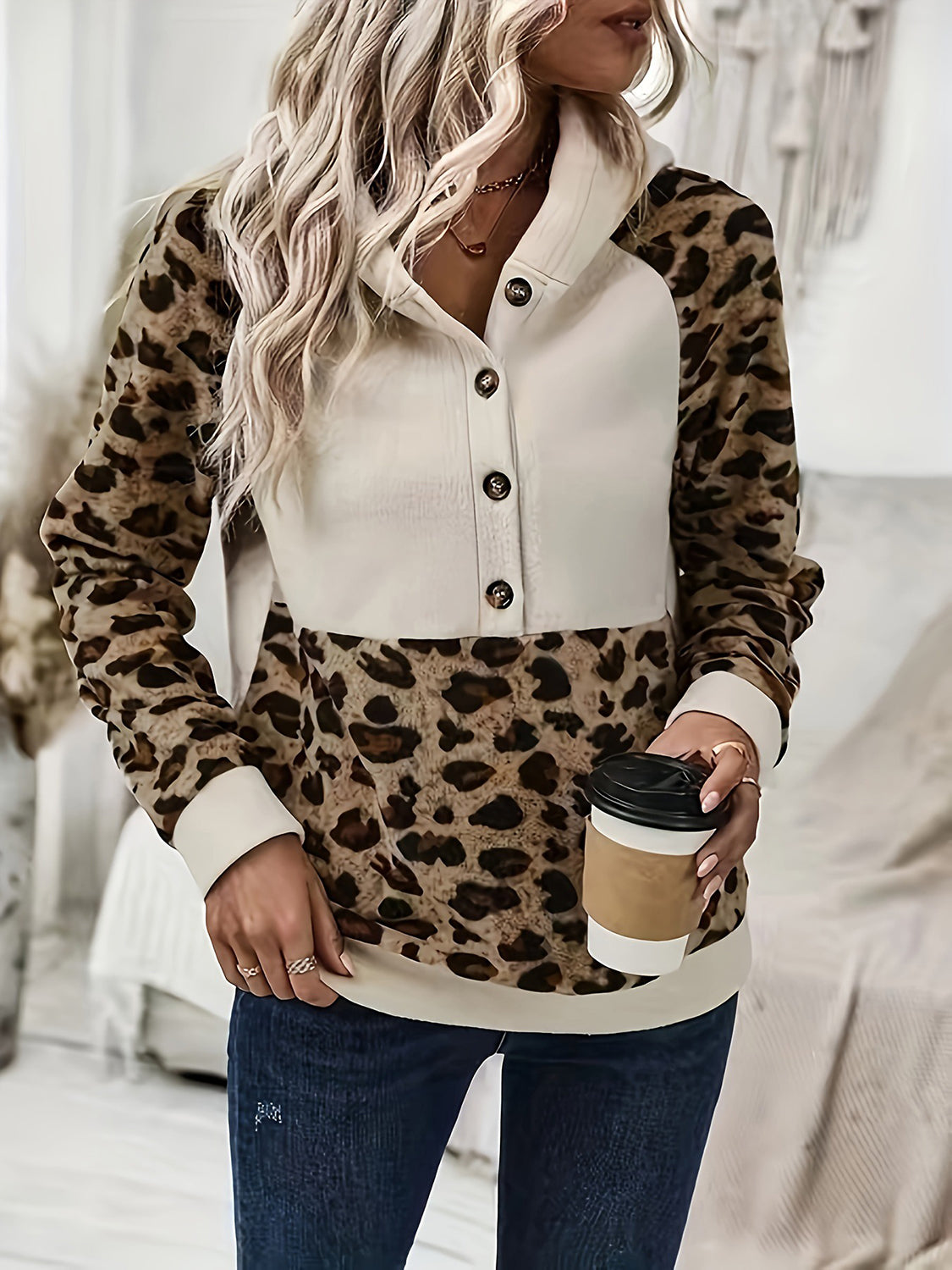 Leopard Half Button Long Sleeve Hoodie.