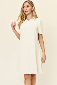 Double Take Full Size Texture Collared Neck Short Sleeve Dress.