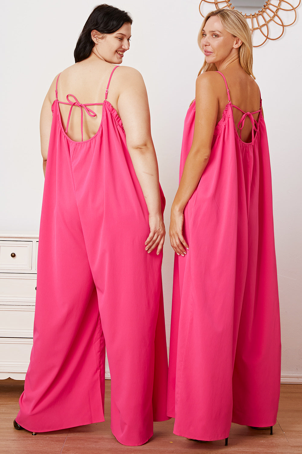 Double Take Full Size Ruffle Trim Tie Back Cami Jumpsuit with Pockets.