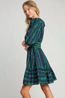 Umgee Ribbon Print Frill Contrast Velvet Trim Half Sleeve Dress.