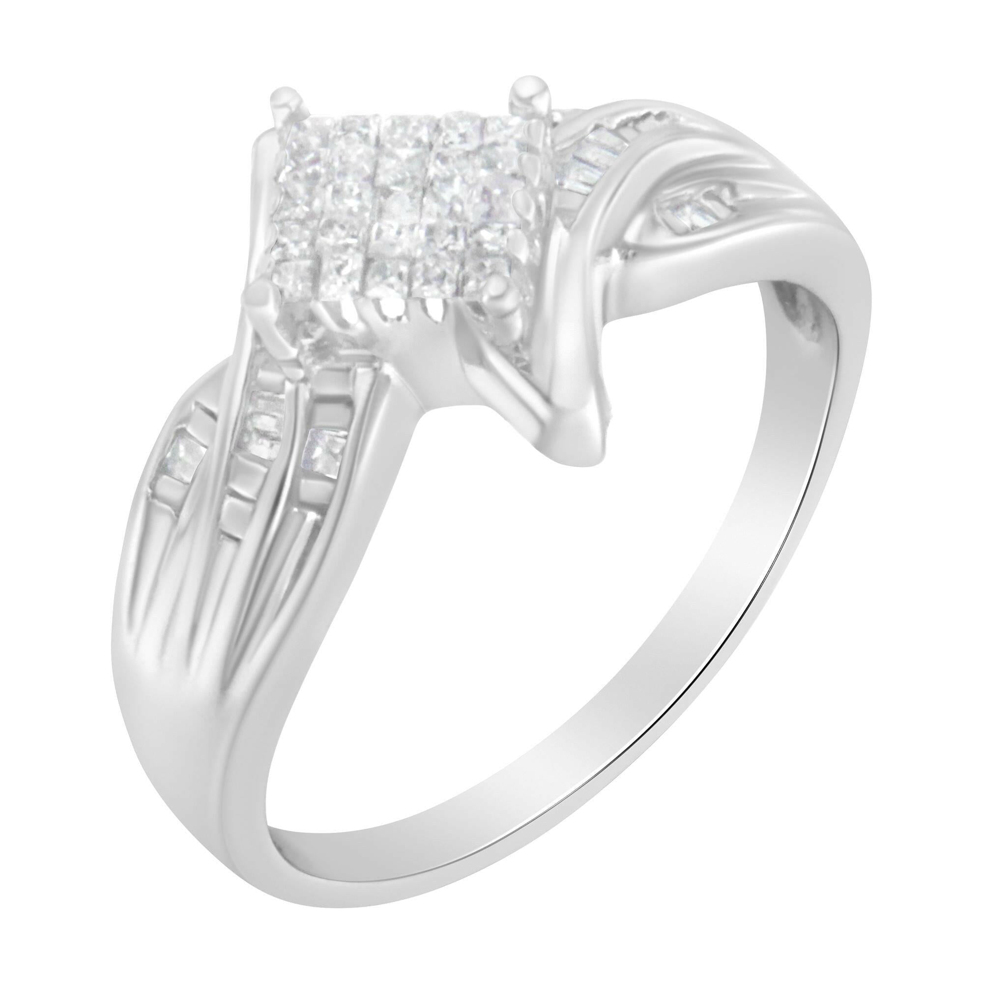 10K White Gold 1/3 Cttw Princess and Baguette Cut Diamond Bypass Style Cocktail Ring (I-J Color, I1-I2 Clarity)