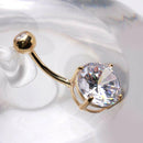 14Kt Yellow Gold Navel Ring With Large Clear Round Prong Set CZ.