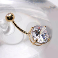 14Kt Yellow Gold Navel Ring With Large Clear Round Prong Set CZ.