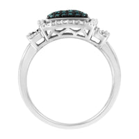 Black Rhodium Plated .925 Sterling Silver 1/2 Cttw White & Blue Diamond Square Halo Cocktail Ring (Fancy Blue & H-I Colo.