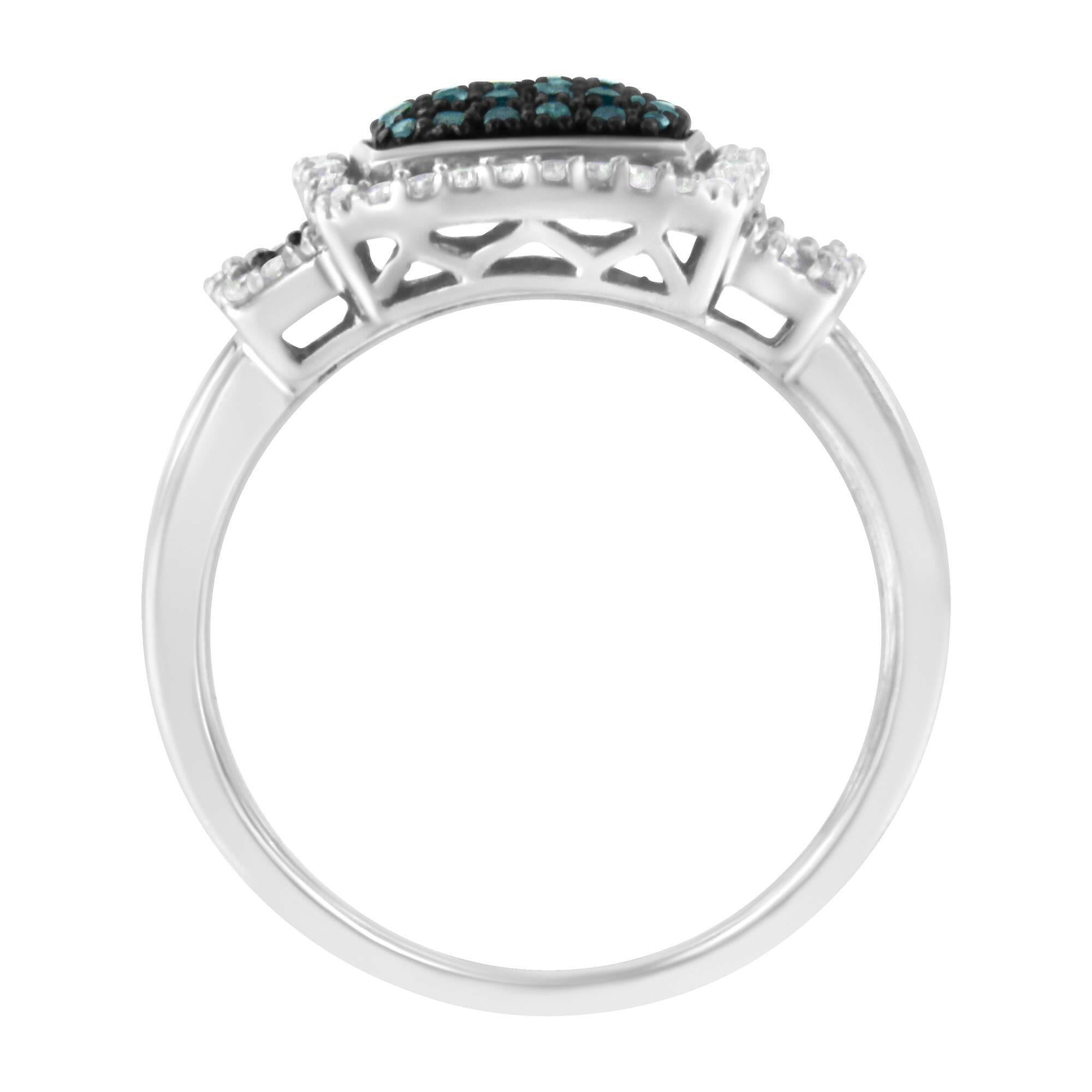 Black Rhodium Plated .925 Sterling Silver 1/2 Cttw White & Blue Diamond Square Halo Cocktail Ring (Fancy Blue & H-I Colo.