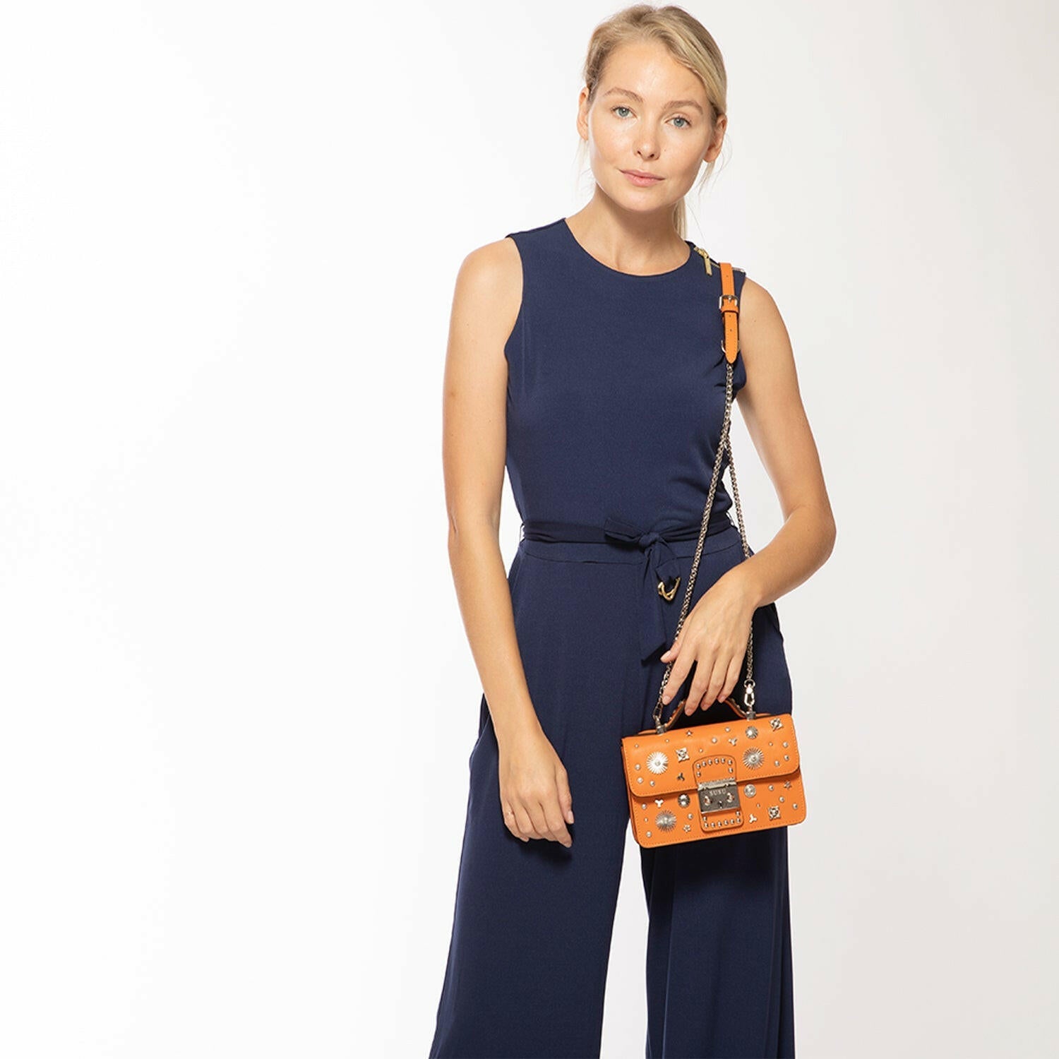 The Hollywood Studded Leather Crossbody Bag Orange.