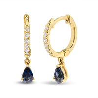 10K Yellow Gold Pear Blue Sapphire and 1/10 Cttw Diamond Drop and Dangle Huggy Hoop Earrings (H-I Color, I1-I2 Clarity).