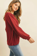 Puff Sleeved Boat Neck Two Toned Brushed Hacci Top