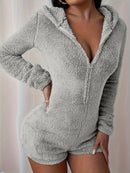 Furry Half Zip Long Sleeve Hooded Bodysuit.