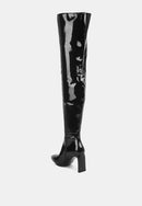 Minkles Patent Pu Long Slim Block Heeled Boots.