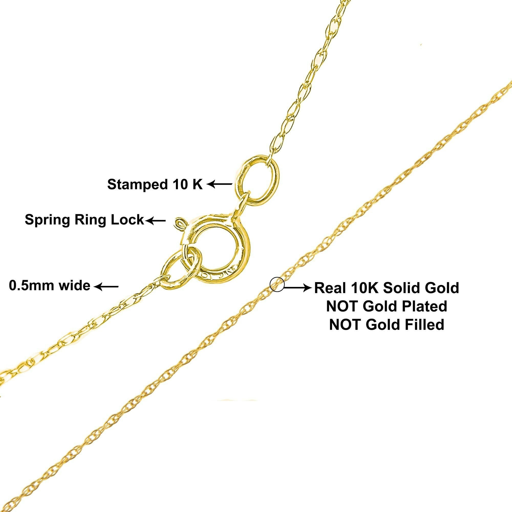 10K Gold 0.5 Mm Slender & Dainty Fine Rope Chain Necklace.